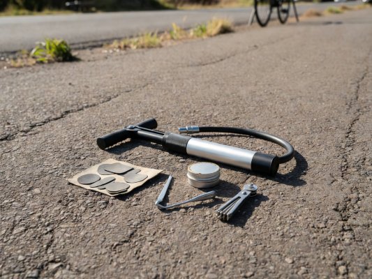 Professional realistic photograph, natural daylight, genuine British environment: A compact bicycle hand pump and puncture repair kit laid out realistically on a tarmac roadside. Accurate components, natural colours, no AI artifacts.