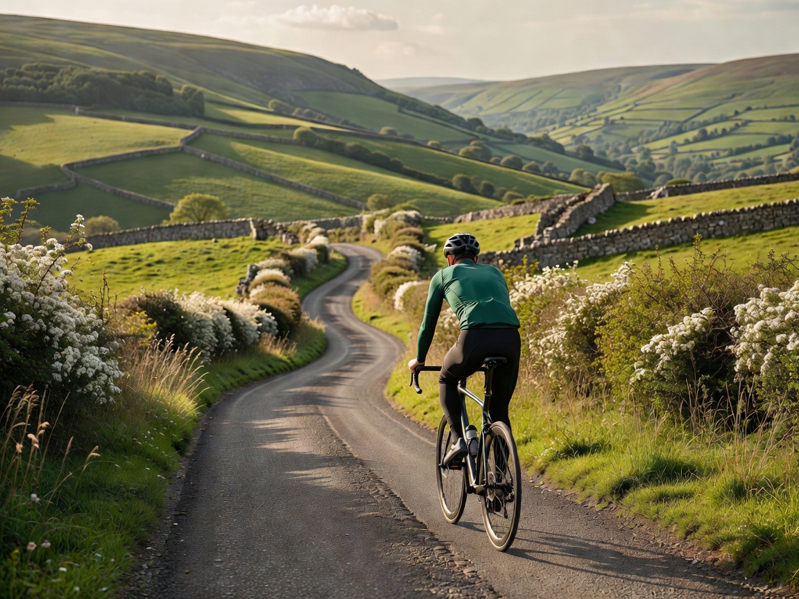 Professional realistic photograph, natural daylight: Cyclist riding on a scenic, genuine country road in South Yorkshire. Anatomically correct rider, accurate bicycle geometry, natural green trees and blue sky, no AI artifacts.
