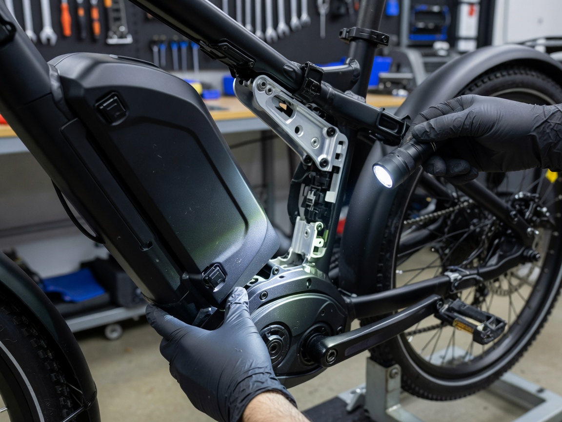 Professional realistic photograph: Anatomically correct hands inspecting a real e-bike battery casing and accurate mounting points. Natural workshop lighting, no AI artifacts.