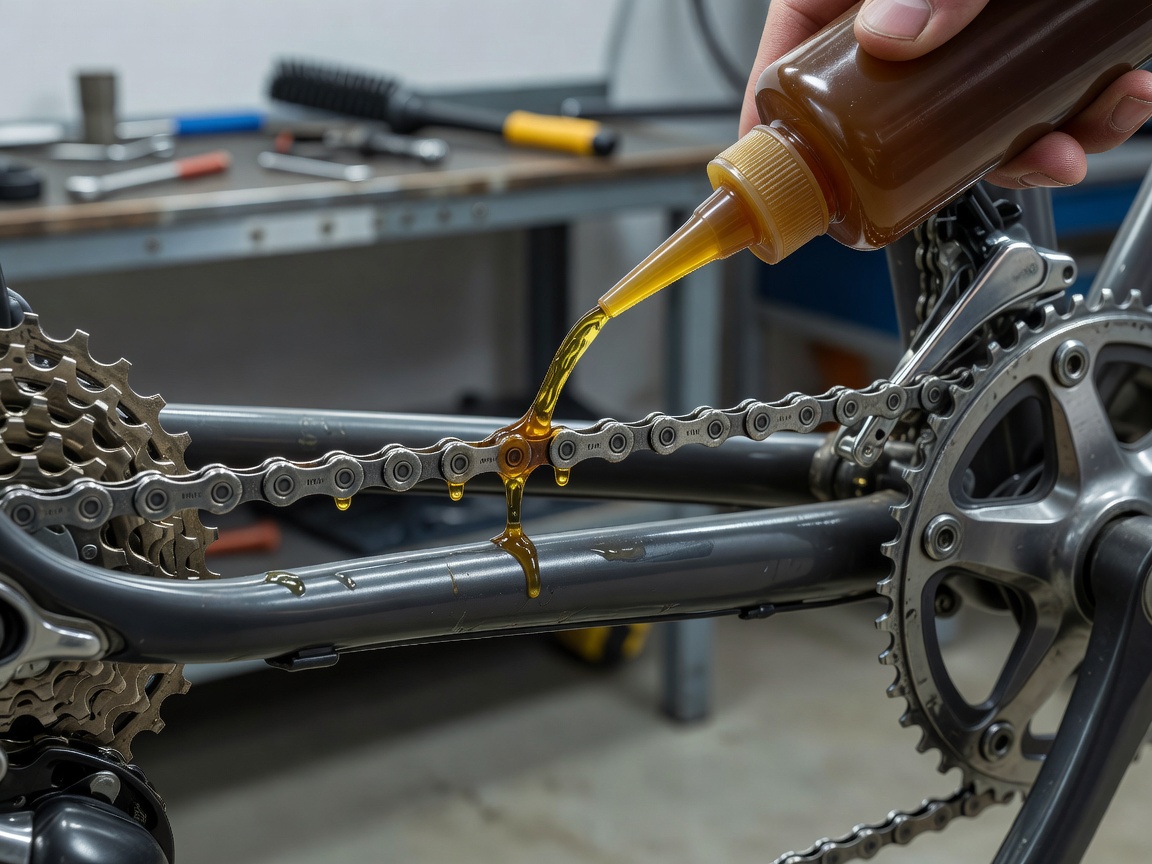 Professional realistic photograph: Correct human hands applying real liquid lubricant to an accurate, clean bicycle chain and cassette. Genuine workshop setting, no AI artifacts.
