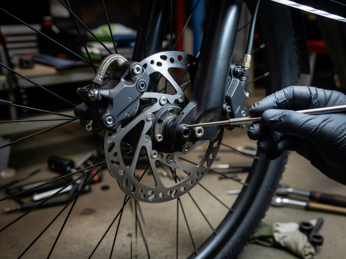 Professional realistic photograph, 85mm lens macro: Close up realistic inspection of accurate hydraulic disc brake calipers and rotors. Natural lighting, correct physical connections, no AI artifacts.
