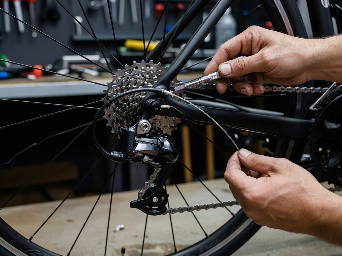 Professional realistic photograph: Anatomically correct hands adjusting real shifting cables on a physically accurate bicycle drivetrain. Natural workshop lighting, no AI artifacts.