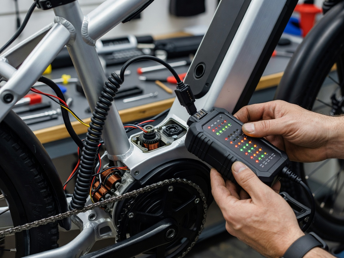 Professional realistic photograph: Realistic diagnostic tool physically connected correctly to a genuine electric bicycle motor interface. Correct wires and geometry, no AI artifacts.