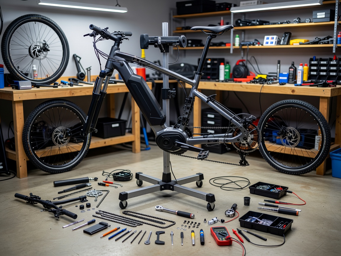 Professional realistic photograph: Genuine electric bicycle partially stripped down on a real workshop repair stand. Accurate exposed frame and components, realistic workshop environment, no AI artifacts.