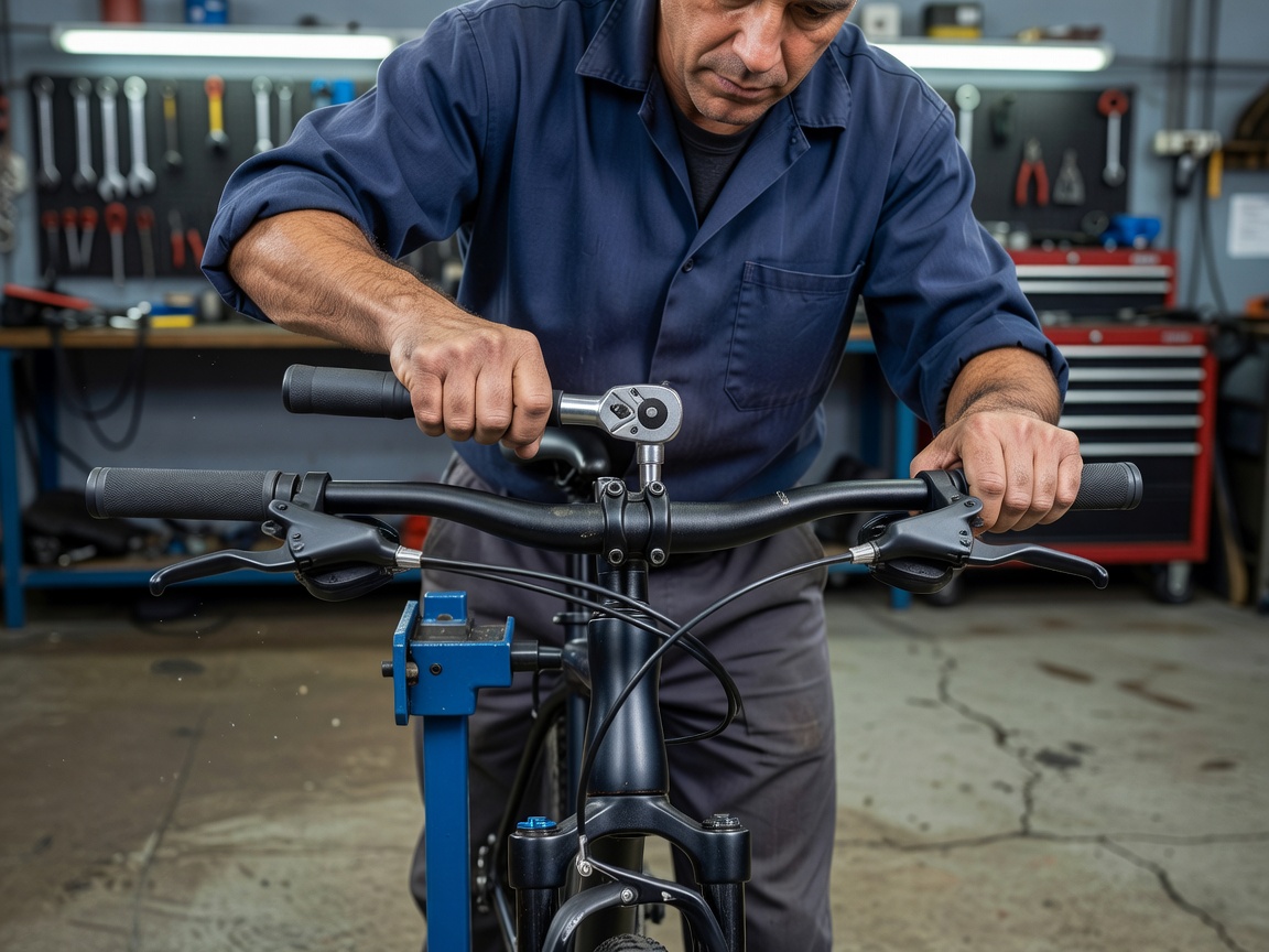 Professional realistic photograph: Anatomically correct human hands with proper fingers using a real torque wrench on bicycle handlebar stem bolts. Accurate mechanical components, no AI artifacts.