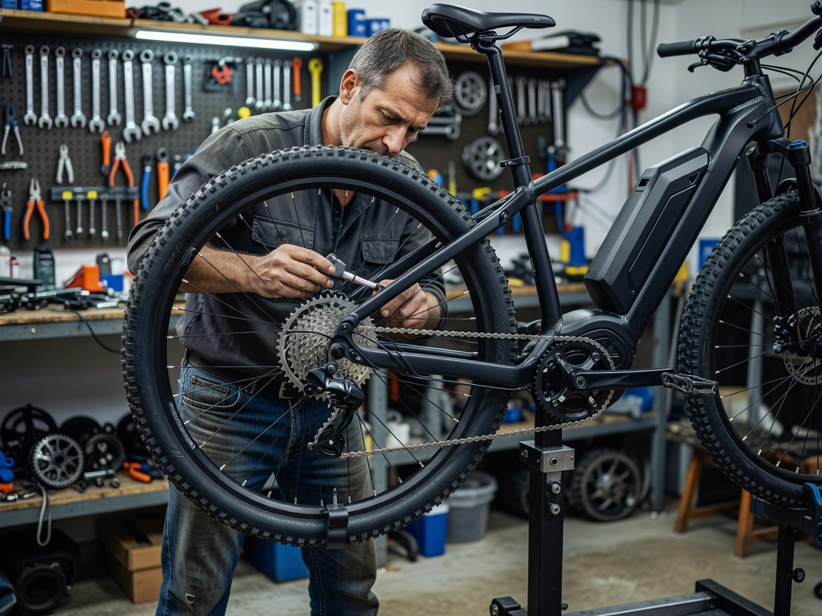 Professional realistic photograph, natural workshop lighting: Professional bicycle mechanic adjusting the rear derailleur gears of a real electric bike on a repair stand. Complete anatomically correct mechanic with full head, correct face, two arms, correct hands and fingers, accurate bicycle drivetrain, no AI artifacts.